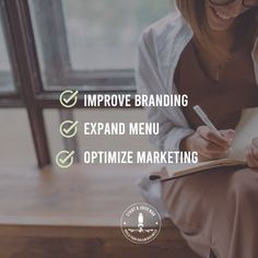 a woman writing on a notebook with the words improve branding expand menu optimize marketing