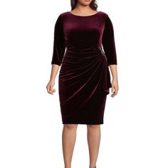 Alex Evenings Plus Size Solid Velvet Crew Neck 3/4 Sleeve Scoop Back Ruched Brooch Waist Sheath Dress Wine, Worn Once Evening Dresses Plus Size, Alex Evenings, Dillard's, How To Feel Beautiful, Evening Wear, Sheath Dress, Dress Collection, Round Neckline, Plus Size Dresses