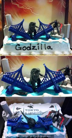 two cakes with godzilla figurines on them