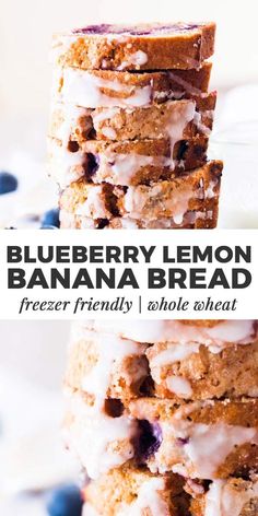 blueberry lemon banana bread stacked on top of each other