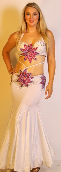 White BDS Couture Two-Piece Costume. Egypt Queen, Beaded Scarf, Beaded Skirt, Hip Scarves, White Cups, Fringe Dress, Dress Home, Head Accessories, Chiffon Skirt