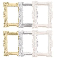 four gold, silver and white frames with lace trims on the edges are set against a white background