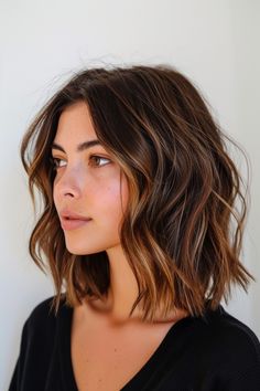 Square Face Haircuts Medium, Mid Length Balayage Hair Brunettes, Olive Skin Hair Color, Wavy Brunette Bob, Lived In Brunette Balayage Short Hair, Short Vs Long Hair, Short Brown Hair Beach Waves, Brown Wavy Mid Length Hair, 2024 Brown Hair Trends Summer