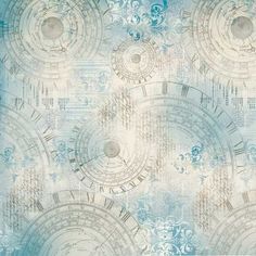 a blue and white wallpaper with many different designs on the surface, including circles