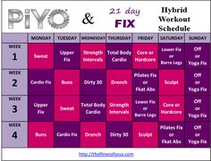 the piyo workout schedule is shown in pink and purple colors, with words on it