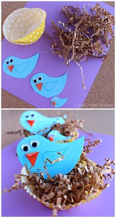 paper plate crafts for kids to make with the birds and nest on purple paper plates