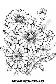 flowers with leaves coloring page for adults