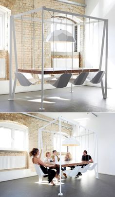 two photos of people sitting at a table in a room with swings on the wall