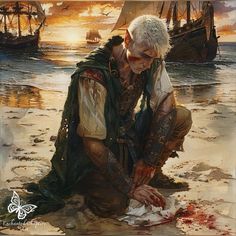 a painting of a man kneeling on the beach next to an old ship with blood all over it