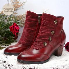 Women's Boots Plus Size Handmade Shoes Daily Buckle Zipper Flat Heel Pointed Toe Vintage Casual Comfort Leather Zipper Floral Embroidered Wine Black Blue Handmade Shoes Pattern, Fall Heel, Ankle Boots Winter, Boots Plus Size, Low Heel Ankle Boots, Low Heel Boots, Booties Ankle Boots, Heels Online, Winter Ankle Boots