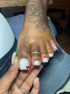 Heart On Toes Nail Design, Toe Ideas Pedicures, Red And White Toe Nails, Toe Nails Ideas Black Women, Toe Nail Designs Black Women, Red Acrylic Toe Nails, White Toes With Design, Acrylic Toes Black Women, Acrylic Toe Designs