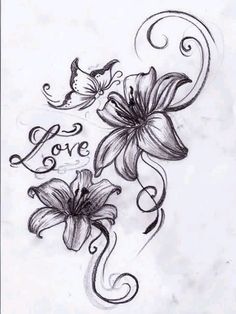 a drawing of flowers with the word love written on it in cursive writing