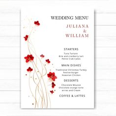 a wedding menu with red flowers on it