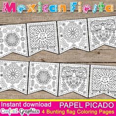 mexican fiesta banner with flowers and bunting flag coloring pages for kids to color on