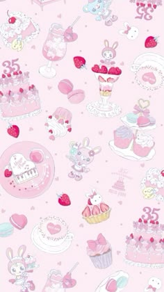 a pink wallpaper with many different types of cakes and cupcakes on it