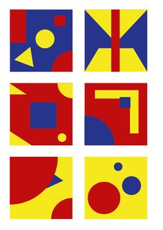 four squares with different colors and shapes on them, all arranged in the same pattern