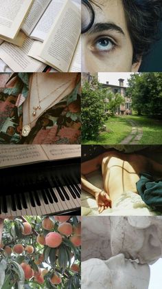 a collage of photos with books, peaches and an open book on top of a piano