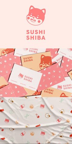 an advertisement for sushi shiba on a bed with pink and white sheets in the background