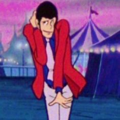 an animated image of a man standing in front of a circus tent with his hands on his head