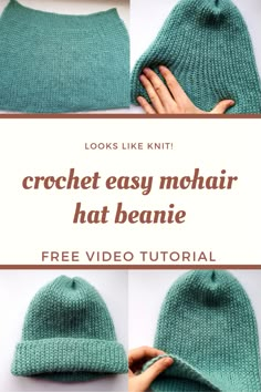 the crochet beanie hat is shown with instructions to make it