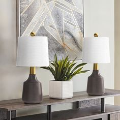 two lamps sitting on top of a wooden table next to a vase with a plant in it