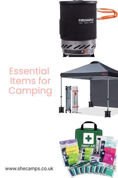 camping essentials for the outdoors with text that reads essential items for camping, including an outdoor tent and first aid kit