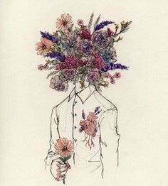 a drawing of a man with flowers in his head