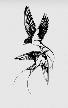 a black and white drawing of two birds flying