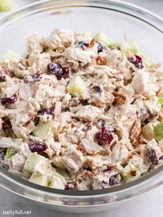 a bowl full of chicken salad with apples and raisins on the side,