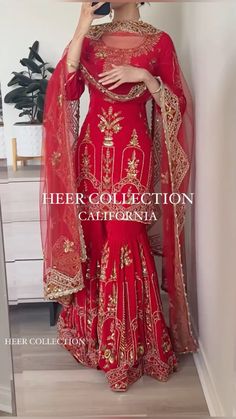 party wear red sharara or gharara suit punjabi for the girls💗 Red Designer Lehenga, Red Heavy Suit, Gharara For Wedding, Heavy Suits Designs, Punjabi Bridal Outfits, Pakistani Outfits Ideas, Rokha Outfits Punjabi, Red Punjabi Suit Party Wear, Punjabi Suits Aesthetic