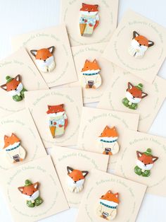 the fox brooches are all different shapes and sizes