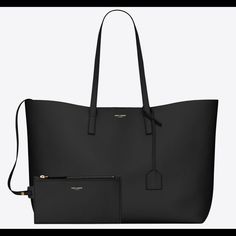 Saint Laurent Tote Sleek Black Shopping Bag, Black Soft Leather Designer Bag, Saint Laurent Tote Bag, Saint Laurent Tote, Kate Bags, Canvas Leather Tote, Saint Laurent Bags, Zipper Purse, Drawstring Bucket Bag