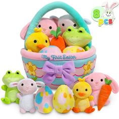 an easter basket filled with stuffed animals and eggs