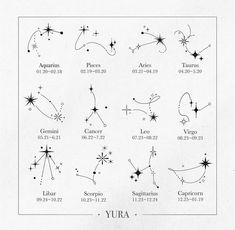 zodiac signs and their names in black ink on white paper, with space for text