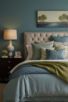 bedroom painting ideas blues and greens with calm atmosphere 1 Painting A Bedroom, Color Saturated Bedroom, Adult Bedroom Ideas Color Schemes, Green And Navy Bedroom, Navy Blue And Green Bedroom, Bold Bedroom Ideas, Green And Blue Bedroom, Bedroom Color Schemes Green, Blue And Green Bedroom