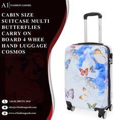 Travel with ease and style! Wondering how?  Here is our CABIN SIZE SUITCASE which is beautifully designed, light in weight, and strong and durable. #Suitcase #CabinsizeSuitCase #MultiButterfliesDesign #FourWheelLuggageCosmos #PrintedLuggageBag #A1fashiongoods Lightweight Luggage, Suitcase Traveling, Abs Material, Butterfly Print, On Board, Travel Luggage