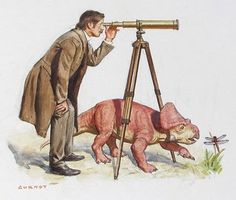 a man looking through a telescope at an animal that is on the ground next to him