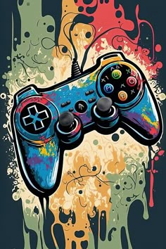 a painting of a video game controller with paint splatters all over the surface