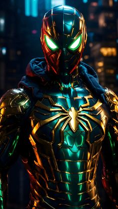 a close up of a person in a suit with green eyes and glowing armor on