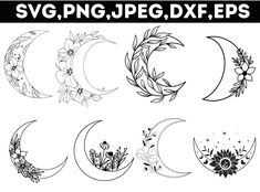 the phases of the moon with flowers and leaves on them, in black and white