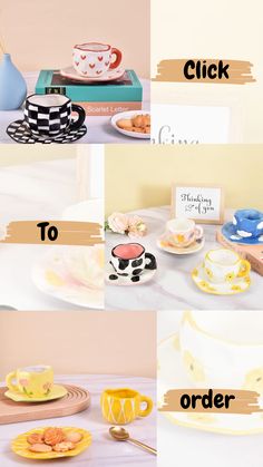 there are many different plates and cups on the table with each one's name