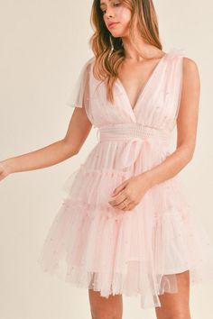 Pearl tulle tired shoulder tie detail mini dress. NOTE: If your size is not available, please register your email in EMAIL ME WHEN AVAILABLE link. Tulle Mini Dress, Pink Mini Dresses, Me When, Not Available, Mini Dress, Pink