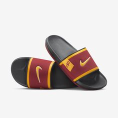 Rep the Trojans all the way down to your feet in these USC slides. A cushioned synthetic leather strap features your school’s logo, while an innovative foam midsole makes this slide so comfy, you’ll never want to take it off. Nike Sporty Slip-resistant Slides, Sporty Synthetic Slides For Leisure, Casual Sports Sandals With Foam Material, Nike Leather Slides With Cushioned Footbed, Comfortable Synthetic Slides For Streetwear, Nike Sporty Fade-resistant Slides, Nike Sporty Non-slip Slides, Nike Slides With Cushioned Footbed And Round Toe, Sporty Non-slip Slides For Leisure