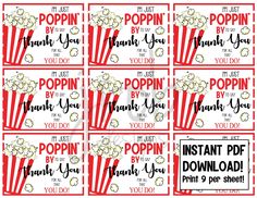 printable popcorn thank you tags for movie night or birthday party, set of 12