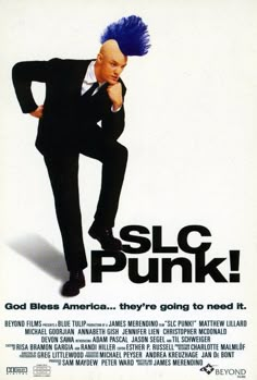 a movie poster for slg punk with a man in a suit and blue hair