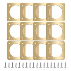 six brass metal plates with screws on each side and four holes in the middle