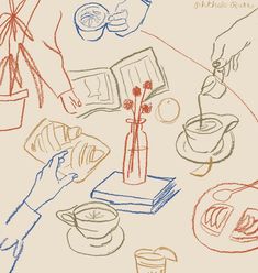 this is a drawing of some food and drinks on a table with two hands reaching for something