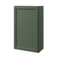 a green cabinet with a wooden top and bottom panel on the front, against a white background