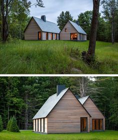 two pictures side by side of a house in the woods and one with windows on it