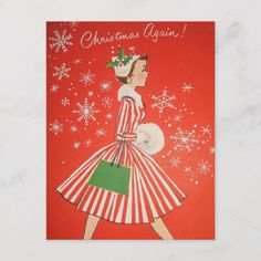 an old fashion christmas card with a woman in red and white striped dress holding a green bag